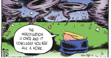 فى كاريكاتير "ذا ويك".. ترامب يصر على إنكار التغير المناخى رغم الأعاصير