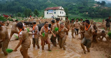 نيبال تحتفل بيوم "بادى الوطنى" باللعب فى الطين