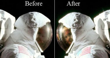 ظهور وجه رائد أبولو يبتسم داخل خوذة الفضاء على سطح القمر 