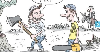 كاريكاتير إسرائيلى تعليقاً على تصريح ترامب: معاول المستوطنين بدأت فى الهدم