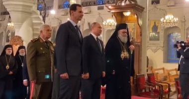بوتين والأسد فى زيارة الكاتدرائية المريمية أقدم كنيسة في سوريا.. فيديو