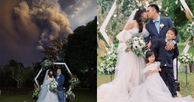 زواج على حافة الخطر.. عروسان يلتقطان صور زفافهما أمام بركان ثائر