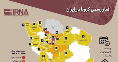 إعلام إيران ينشر خريطة مرعبة لتفشي فيروس كورونا في 24 محافظة 