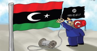 كاريكاتير صحيفة إماراتية.. أردوغان يحاول إقامة دولة داعش الإرهابية فى ليبيا 