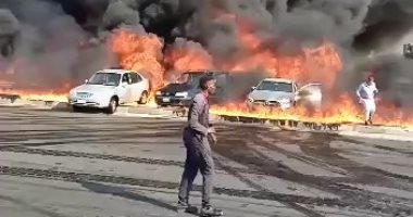 الصحة: الدفع ب 15 سيارة اسعاف بحريق خط مازوت بطريق القاهرة الإسماعيلية