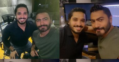 تامر حسنى مع مصطفى حجاج فى الاستوديو خلال مونتاج أغنيته الجديدة.. صور