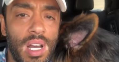 رامي جمال يتحدث مع كلبه في فيديو كوميدي: نام على كتفي عشان السهر ليك مش حلو