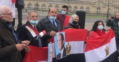 وقفة للجالية المصرية بفرنسا بأعلام مصر وصور السيسى للترحيب بالرئيس 
