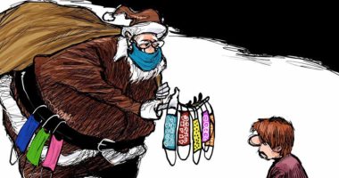 بابا نويل يوزع كمامات بدلا من الهدايا فى رأس السنة فى كاريكاتير لصحيفة الشرق الأوسط