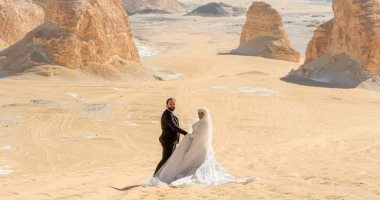 عروسان يقطعان مئات الكيلومترات لعمل سيشن فى محمية الصحراء البيضاء بالفرافرة
