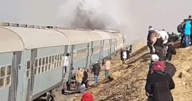 أول صور لحريق قطار ركاب خط السويس بعد السيطرة عليه