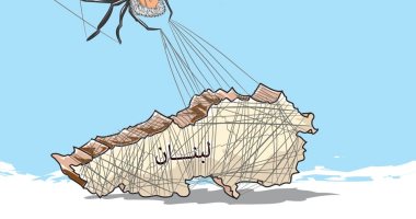 لبنان محاصر بين خطوط عنكبوت "حزب الله" في كاريكاتير سعودي