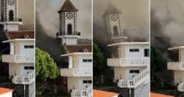 انهيار برج كنيسة "تودوك" بسبب التدفق السريع للحمم البركان فى لابالما.. فيديو