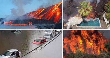 "من البراكين إلى الفيضانات والحرائق" أسبانيا ضحية الكوارث الطبيعية بـ2021.. بركان لابالما يتسبب فى خسائر 900 مليون يورو وتلوث الهواء.. 5500 حريق منذ بداية العام والفيضانات تغرق السيارات والمدارس