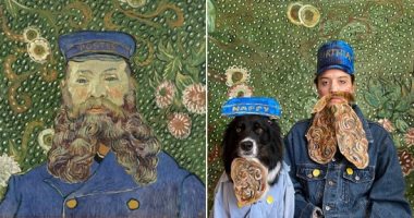 أمريكية تقلد أكثر من 300 لوحة فنية لكبار الرسامين بصور طريفة مع كلبها.. صور