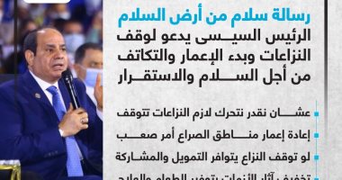 الرئيس السيسى يدعو لوقف النزاعات وبدء الإعمار والتكاتف من أجل السلام.. إنفوجراف