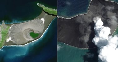 الأقوى منذ 30 عامًا.. صور أقمار صناعية تُظهر آثار ما قبل وبعد انفجار بركان تونجا