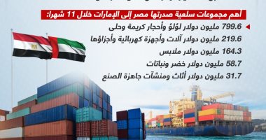14.4 % ارتفاعاً فى قيمة صادرات مصر للإمارات خلال 11 شهرا (إنفوجراف)