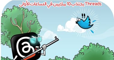 Threads  يصطاد عصفور تويتر بـ 10 ملايين متابع فى كاريكاتير اليوم السابع 
