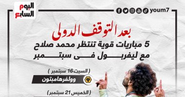 محمد صلاح ينتظر 5 مباريات مع ليفربول بعد التوقف الدولى فى سبتمبر.. إنفو جراف
