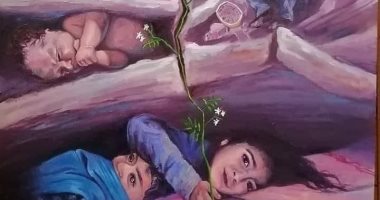 بذرة أمل.. فنانة سورية ترسم لوحة لأطفال فلسطين يحملون زهرة بيضاء تحت الأنقاض