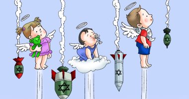صواريخ إسرائيل تسقط على الأطفال فتصعد أرواحهم البريئة للسماء فى كاريكاتير اليوم السابع
