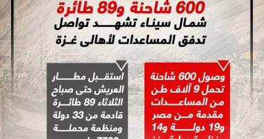 600 شاحنة و89 طائرة.. شمال سيناء تشهد تواصل تدفق المساعدات لغزة.. إنفوجراف