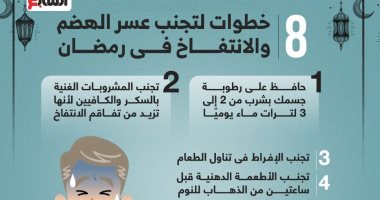 8 خطوات لتجنب عسر الهضم والانتفاخ فى شهر رمضان.. إنفوجراف