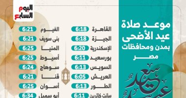 موعد صلاة عيد الأضحى بمدن ومحافظات مصر غدا الأحد .. إنفوجراف
