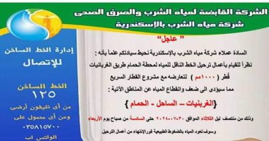 مياه الإسكندرية: انقطاع الخدمة عن منطقة الساحل بسبب ترحيل خط رئيسى