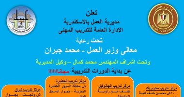 وزارة العمل: دورات تدريبية مجانية على 8 مهن بمراكز التدريب بالإسكندرية