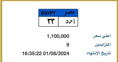 سعر لوحة "أ س د - 33" المميزة يصل مليون و100 ألف جنيه بالمزاد 