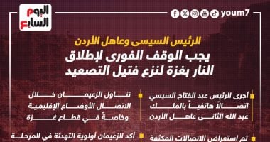 الرئيس السيسى وعاهل الأردن: يجب الوقف الفورى لإطلاق النار بغزة.. إنفوجراف