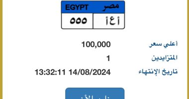 أرخص لوحة.. مزاد على نمرة سيارة "أ ع أ- 555" المميزة قيمتها 100 ألف جنيه