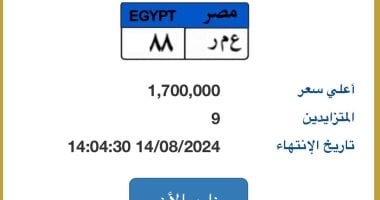 المزاد على لوحة "ع م ر - 88" المميزة يرتفع ويقترب من 2 مليون جنيه