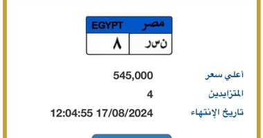 مزاد على لوحة سيارة "ن س ر - 8" المميزة بسعر يتخطى نصف مليون جنيه