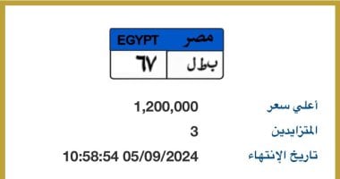 سعر لوحة "ب ط ل- 67" يتخطى مليون جنيه بالمزاد ويتنافس عليها 3 أشخاص