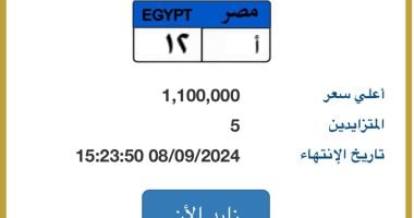 قيمتها تتخطى مليون جنيه.. طرح لوحة سيارة جديدة مميزة رقمها "أ - 12" بالمزاد