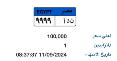 أرخص سعر.. لوحة سيارة مميزة رقمها "ن د أ- 9999" بالمزاد وسعرها 100 ألف جنيه