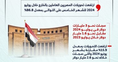 87 % ارتفاعا فى تحويلات المصريين بالخارج على أساس سنوى فى يوليو (إنفوجراف)