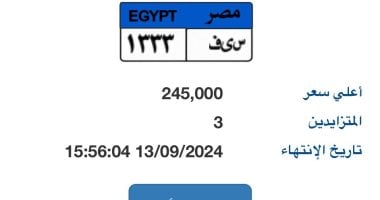 لوحة "س ى ف- 1333" المميزة سعرها يصل 245 ألف جنيه فى بداية المزاد 