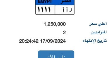 "ر أ أ- 1111" أحدث لوحة مميزة بالمزاد سعرها وصل مليون و250 ألف جنيه