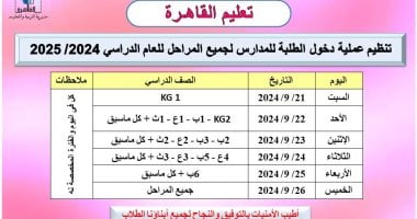 تعليم القاهرة تعلن مواعيد دخول الطلبة للمدارس فى جميع المراحل.. التفاصيل