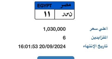 مزايدة على آخر لوحة معروضة "نـ سـ ر- 11" يتخطى مليون جنيه و6 أشخاص يزايدون