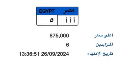 سعر لوحة "أ أ أ - 5" المميزة يقترب من مليون جنيه قبل انتهاء المزاد 