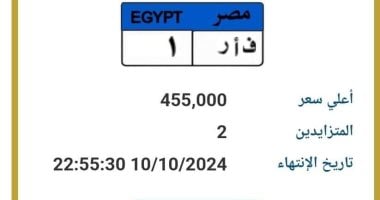 قيمتها تقارب نصف مليون جنيه.. طرح لوحة سيارة جديدة مميزة رقمها “ف أ ر- 1” بالمزاد