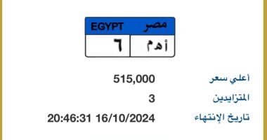 لوحة سيارات مميزة بأرقام "أ هـ م - 6" يتخطى سعرها نصف مليون جنيه فى المزاد