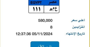 سعر لوحة "ع م هـ- 111" المميزة يصل 580 ألف جنيه و 8 مزايدين 