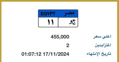 طرح لوحة مميزة بأرقام "ج و - 11" بسعر يقترب من نصف مليون جنيه 