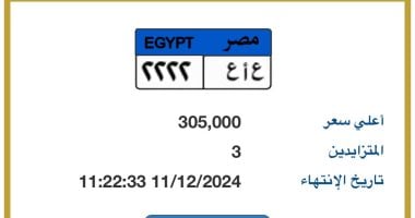 سعر لوحة السيارة المميزة "ع أ ع - 2222" يصل لـ305 آلاف جنيه و3 يزايدون عليها